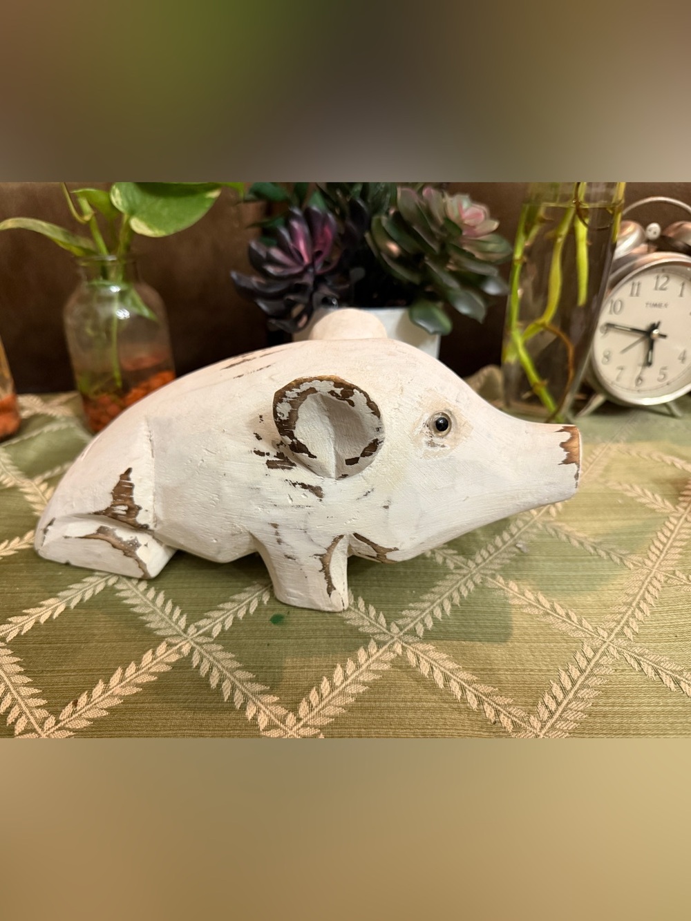Rustic White Distressed Wood Pig Sculpture Accent